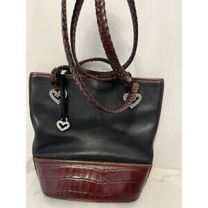 Brighton Womens Shoulder Bucket Bag Purse Leather Brown Black Croc Braided